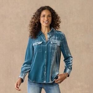 Sundance Womens XS Blue Julianna Velvet Shirt Button Up Silk Blend Western Boho